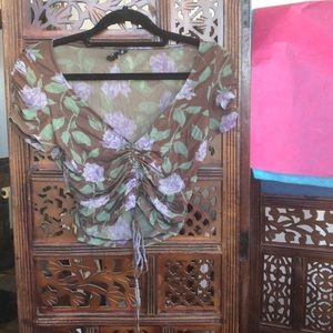 Out From Under sheer knit ruched tie front crop